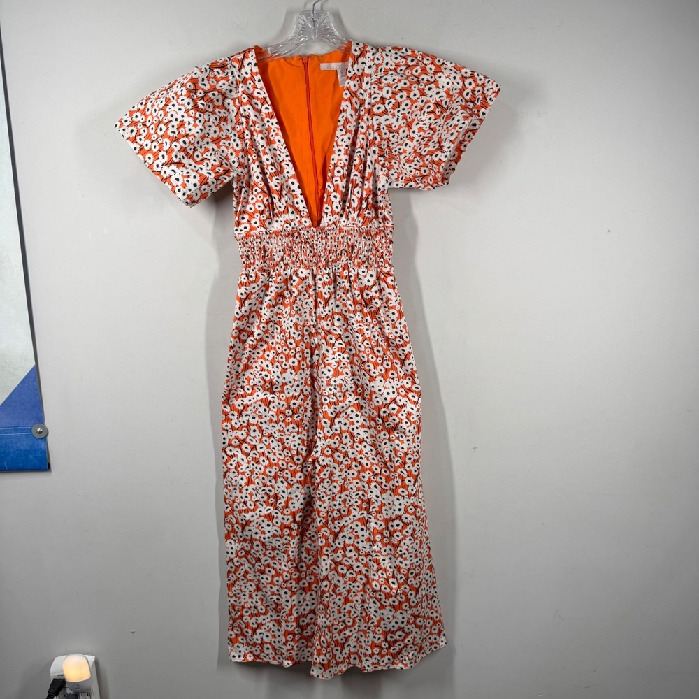 Hutch Orange Floral Daisy Jumpsuit Womens Small V-Neck Smocked Wide Leg Pockets